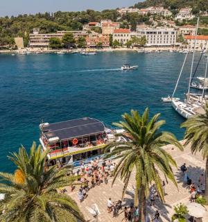 一片有棕榈树和一艘船的海滩