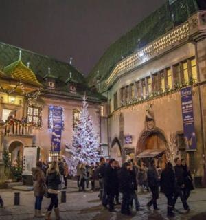 a group of people walking in front of a building with a christmas tree