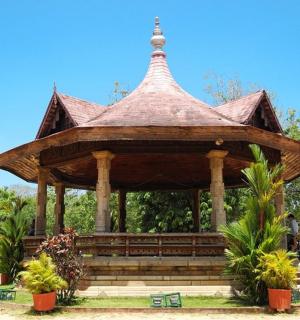 公园里有树木的大型木制凉亭