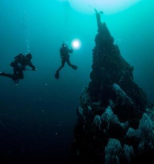 两个人在岩层旁的海里游泳