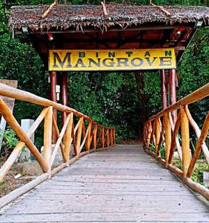 一座木桥,桥上有红树桩的标志