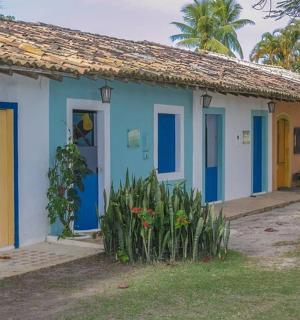 有蓝色和黄色门和一些植物的房子