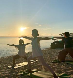 a group of people doing yoga on the beach