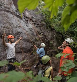 a group of people are on a rappelling course
