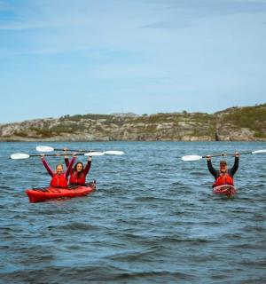 a group of people in kayaks in the water