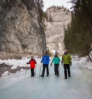 一群人越野滑雪穿越峡谷