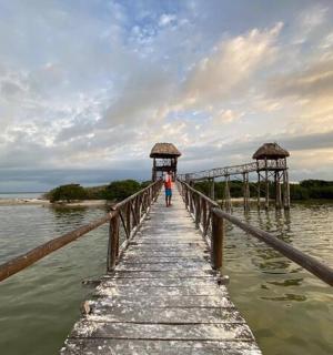 一个人走在水上的木桥上