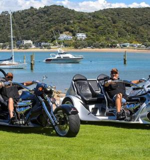 两名男子坐在一辆带侧边车的摩托车上