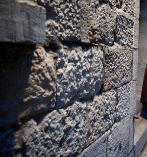 a woman standing next to a brick wall