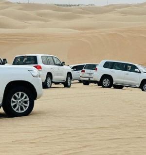 řada aut zaparkovaných v poušti