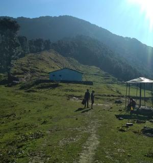 a group of people standing on a grassy hill