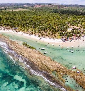 海滩鸟瞰图，人们在水中