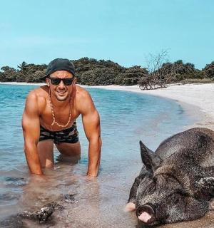 a man in the water with a pig on the beach