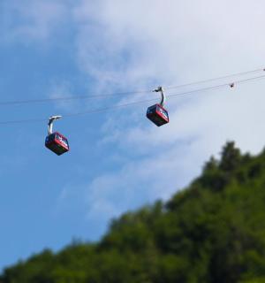 dos remuntadors en un cable amb arbres al fons