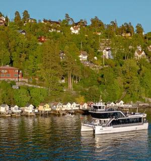 村庄附近水中漂浮的一艘船