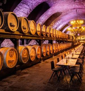 eine Reihe von Weinfässern in einem Weinkeller