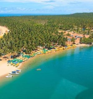 海滩鸟瞰图，海滩上有人群和遮阳伞