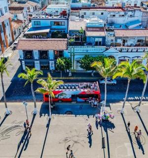 an aerial view of a city with palm trees