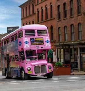 roosa kahekordne buss sõidab mööda linnatänavat