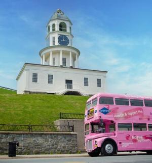 roosa kahekordne buss pargitud tuletorni ette