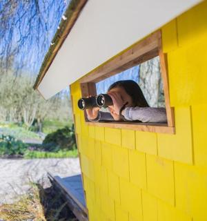 一名女子在乐高房子里自拍