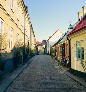 eine gepflasterte Straße in einer Stadt mit Gebäuden