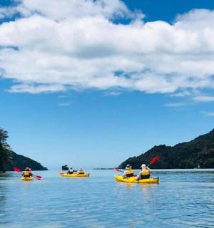 skupina lidí v kajacích na jezeře