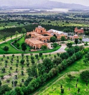 田野中一座大型建筑的鸟瞰图