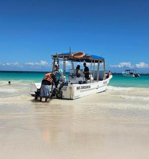 海滩上的船，上面有人