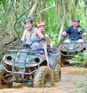 三个人骑着四轮车在森林里