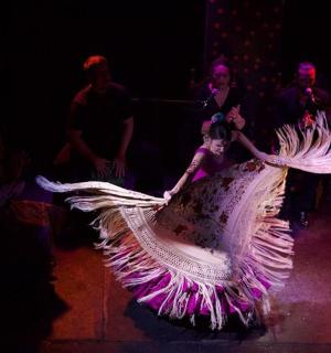 一名女子身穿羽毛连衣裙跳舞