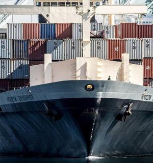 一艘停在水中的大型集装箱船