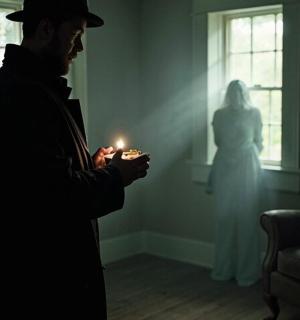 a man standing in a dark room holding a candle