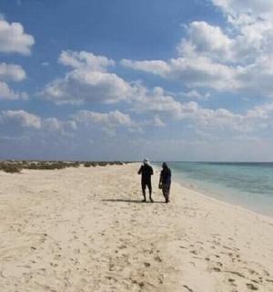two people walking on a beach near the ocean