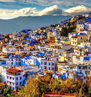 a city with blue and white buildings on a hill