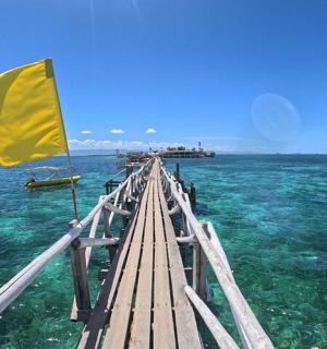 a wooden pier in the ocean with a yellow flag