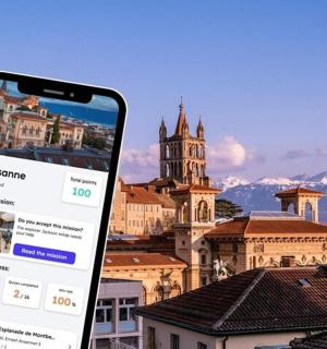 a cell phone in front of a view of a city