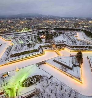 an aerial view of a park covered in snow at night