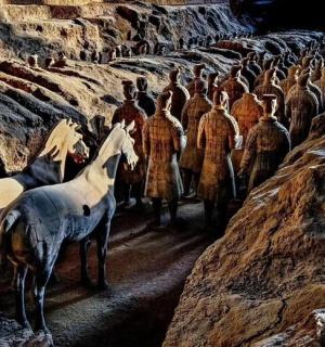 a painting of a group of people on a mountain