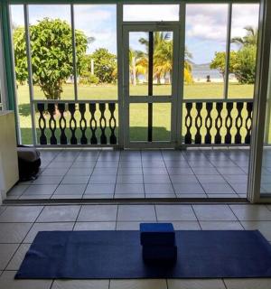 门前地板上的蓝色瑜伽垫