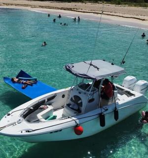 a white boat in the water at a beach