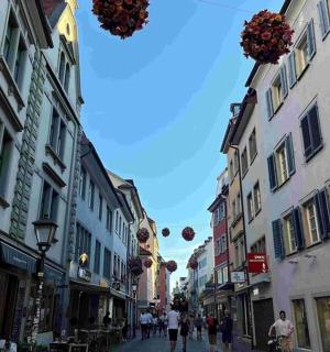 a group of people walking down a street with buildings