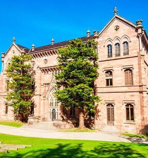 en gammel stenbygning med et træ foran