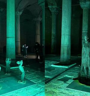 two pictures of a statue in a room with columns