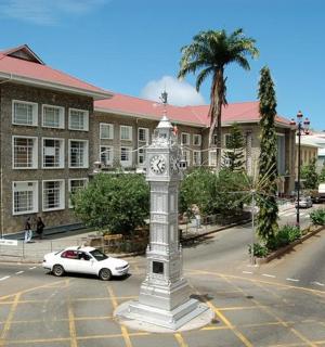 街道中间的钟楼和一辆汽车