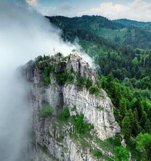 山谷中间的一座山，有树木