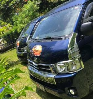 两辆蓝色货车并排停在院子里