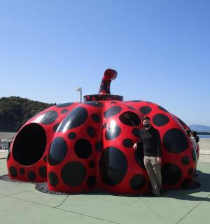 a man standing next to a giant lady bug statue