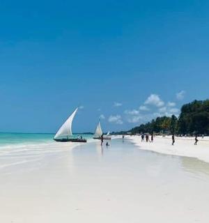 a beach with a sail boat and people on it