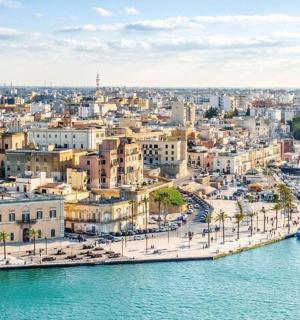 an aerial view of a city next to the water